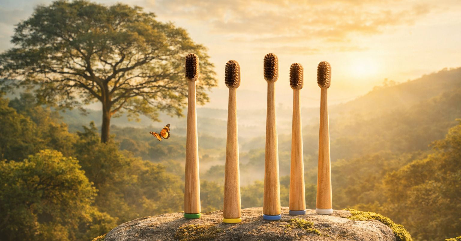 Bamboo toothbrushes on a rock with a scenic background, featuring the Naturia brand.